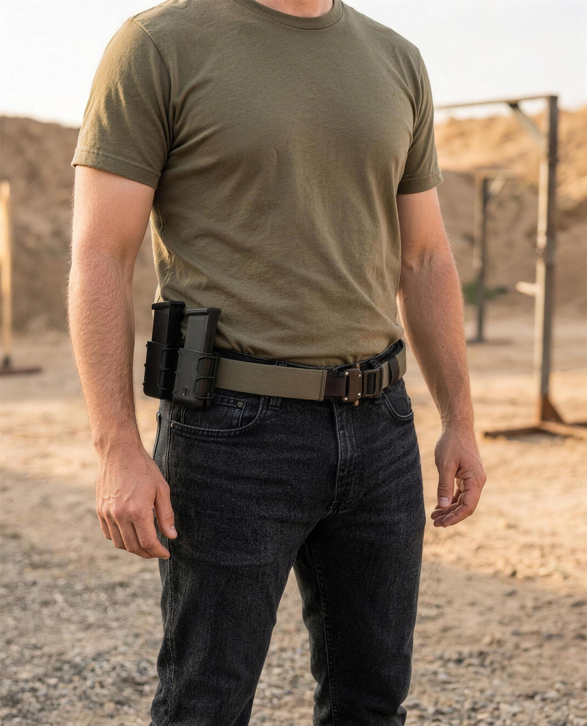 ICONTACTIC 1.75 inch Outer Equipment Belt, concept render pending supplier verification, worn with a magazine pouch at an outdoor range, no firearm, illustrative
