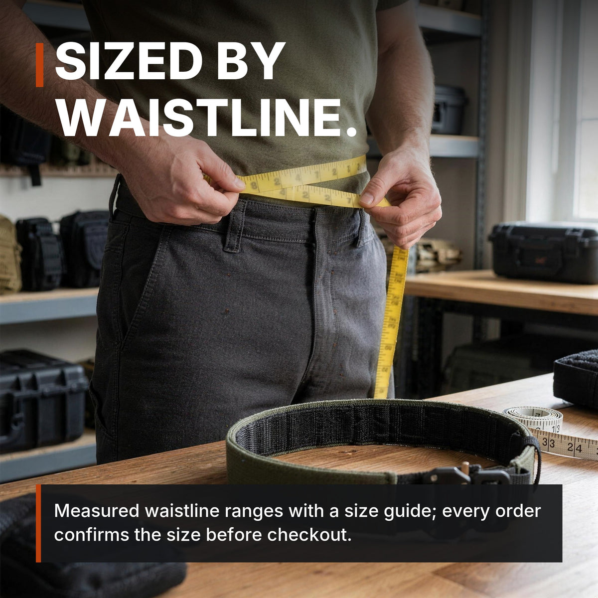 ICONTACTIC Outer Equipment Belt sizing, headline: sized by waistline. Concept render, illustrative