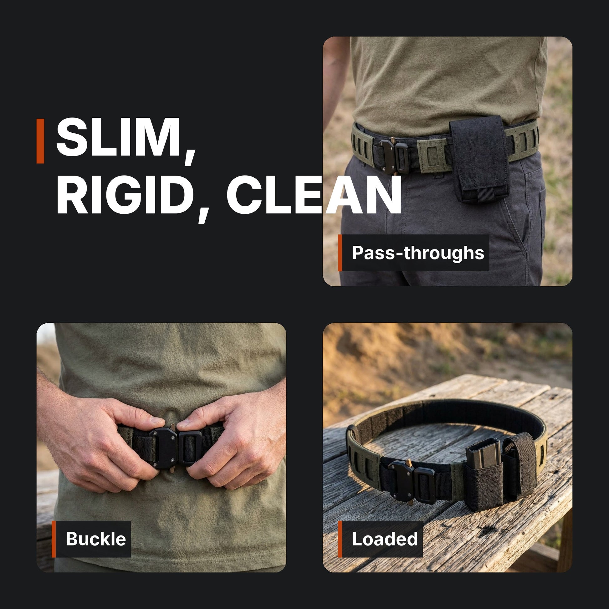ICONTACTIC Outer Equipment Belt collage: pass-throughs, buckle and loaded. Concept renders, illustrative