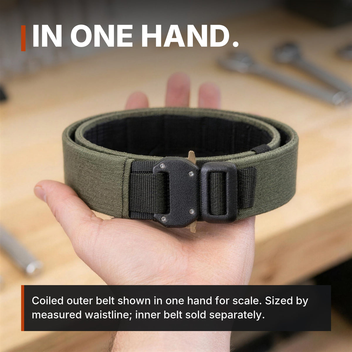 1.75 inch Outer Equipment Belt infographic: In one hand, coiled belt shown for scale