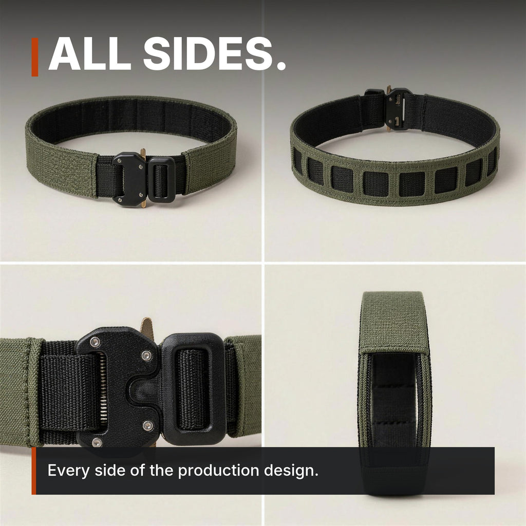 1.75 inch Outer Equipment Belt infographic: All sides, four views