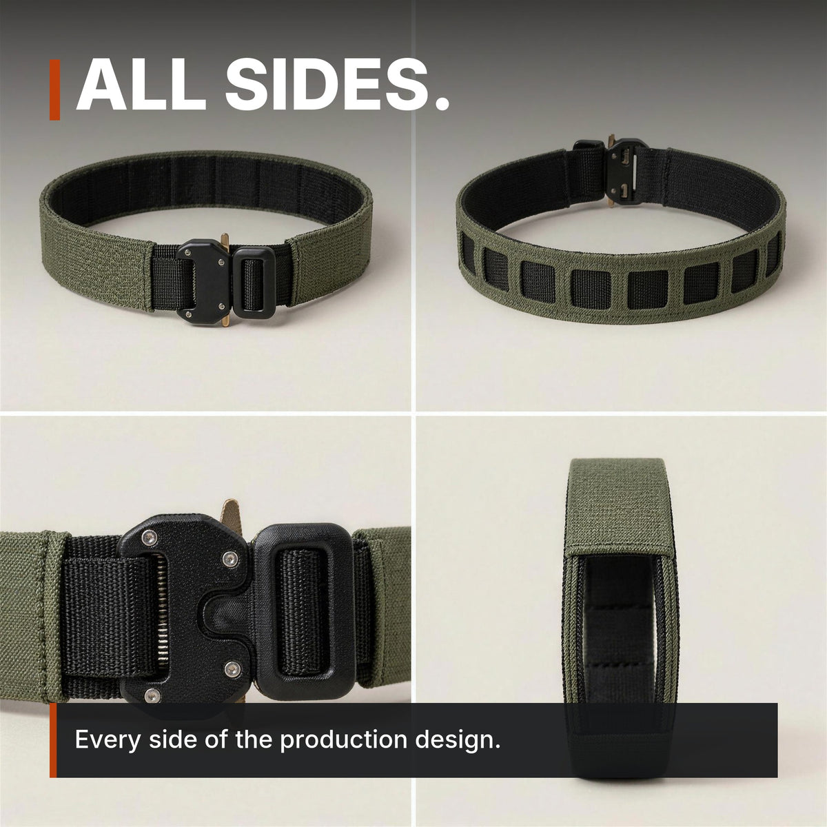 1.75 inch Outer Equipment Belt infographic: All sides, four views
