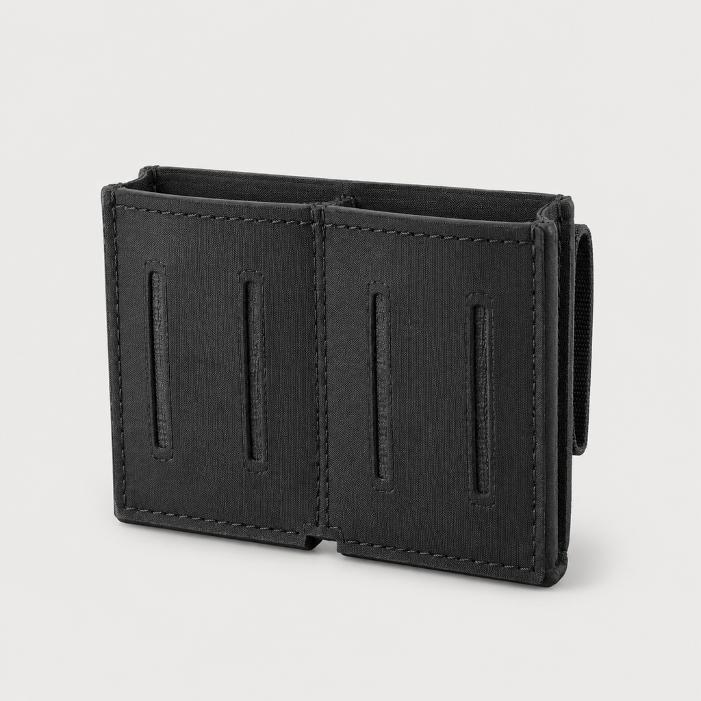 ICONTACTIC Low-Profile Double Magazine Pouch, concept render pending supplier verification, empty pouch, front three-quarter view on light grey
