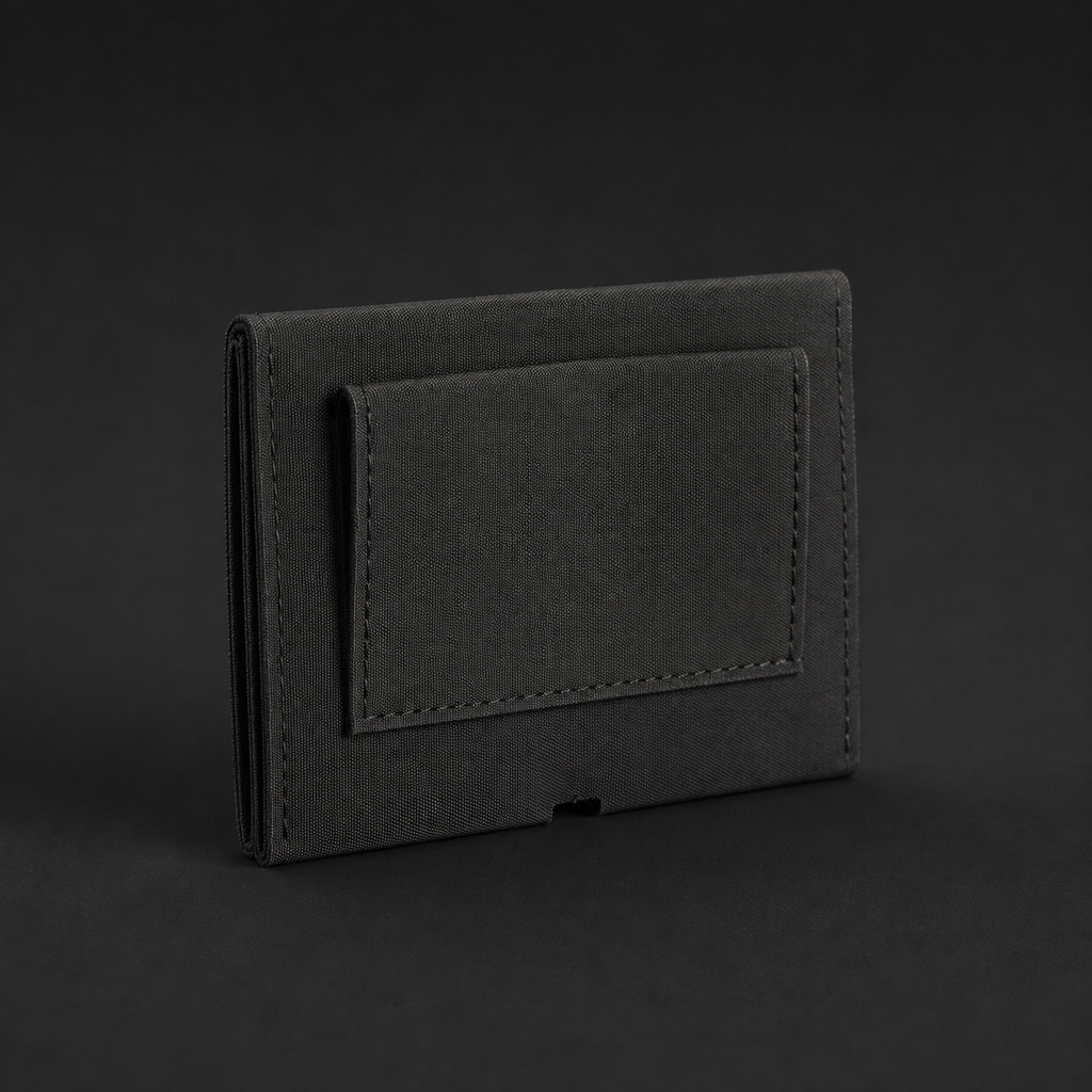 ICONTACTIC Low-Profile Double Magazine Pouch, concept render pending supplier verification, rear view showing the belt passthrough on graphite
