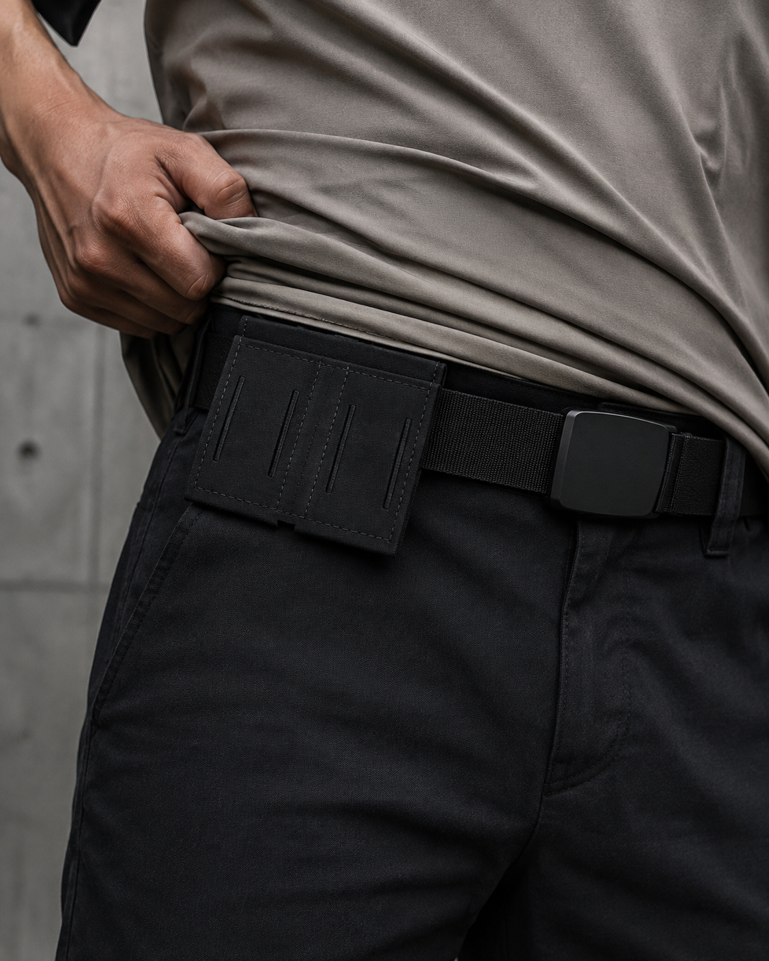ICONTACTIC Low-Profile Double Magazine Pouch, concept render pending supplier verification, worn empty on a belt at the hip, illustrative