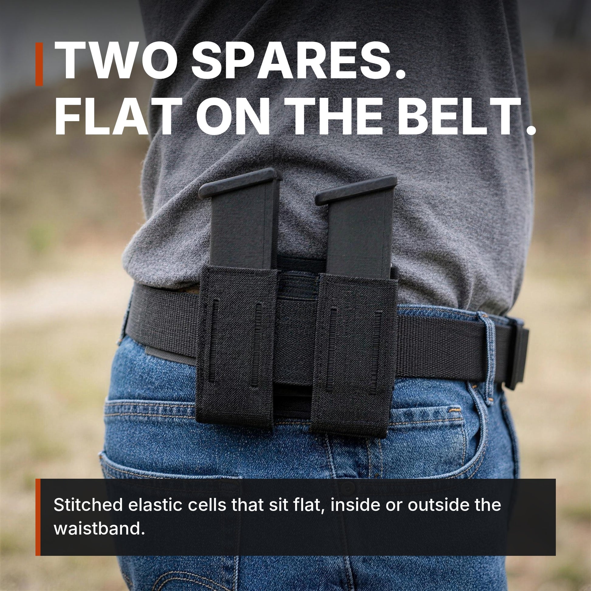 Two spares, flat on the belt. ICONTACTIC Low-Profile Double Magazine Pouch infographic. Concept render, illustrative