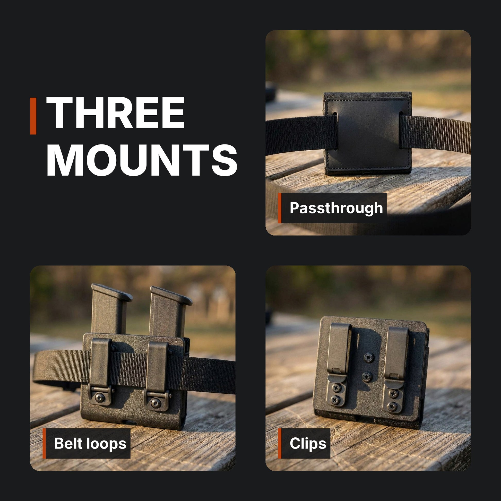 Three mounts: passthrough, belt loops, clips. ICONTACTIC Low-Profile Double Magazine Pouch infographic. Concept renders, illustrative