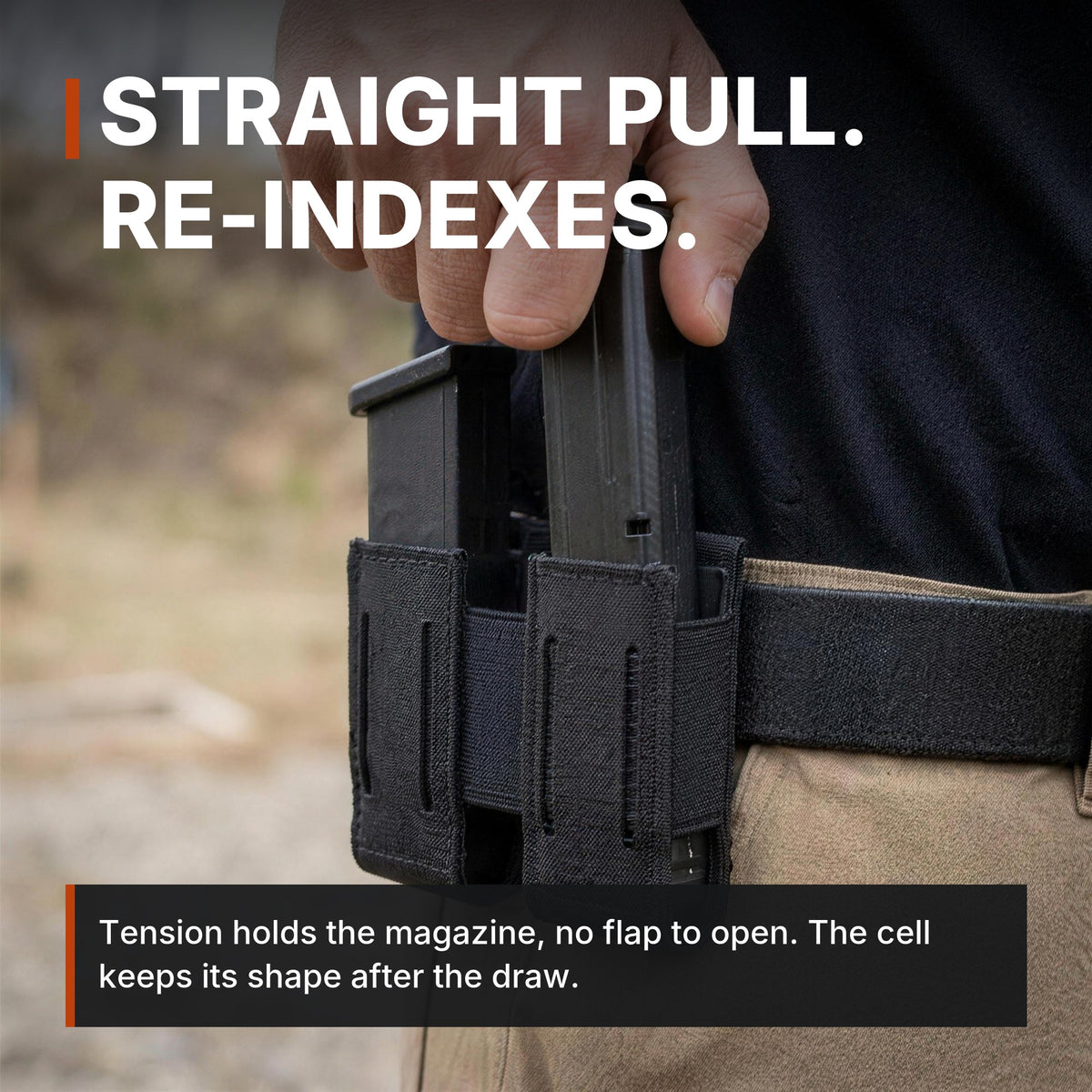 Straight pull, re-indexes. ICONTACTIC Low-Profile Double Magazine Pouch infographic. Concept render, illustrative