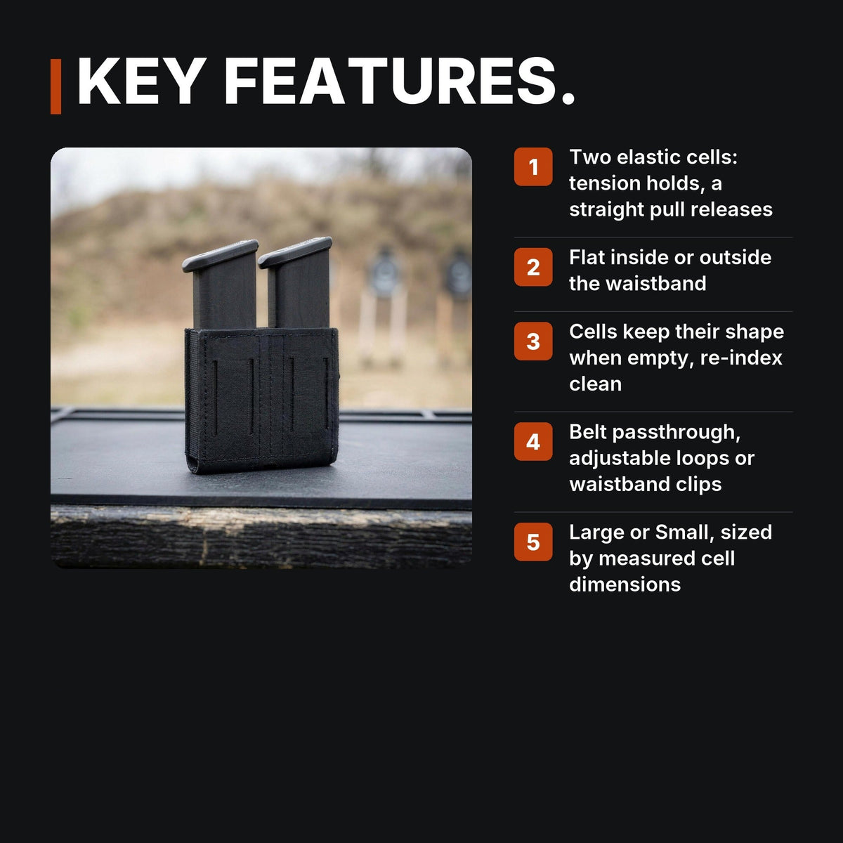 Low-Profile Double Magazine Pouch infographic: Key features