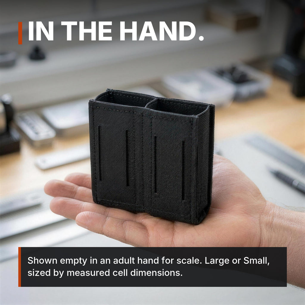 Low-Profile Double Magazine Pouch infographic: In the hand, shown empty for scale