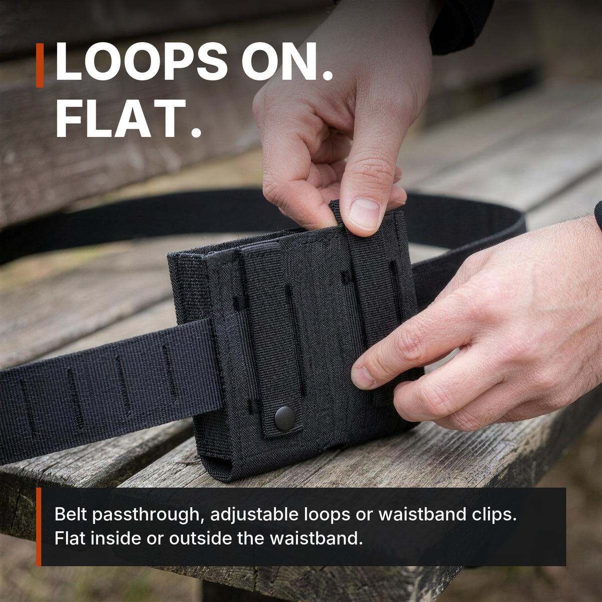 Low-Profile Double Magazine Pouch infographic: Loops on, flat