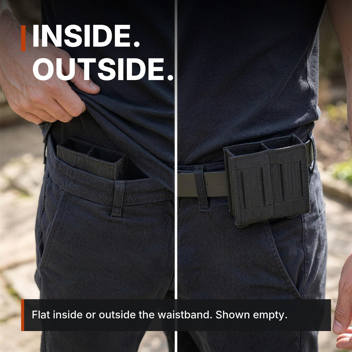Low-Profile Double Magazine Pouch infographic: Inside or outside the waistband, shown empty