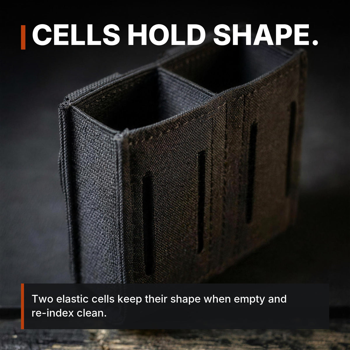 Low-Profile Double Magazine Pouch infographic: Cells hold shape