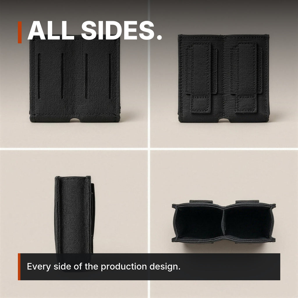 Low-Profile Double Magazine Pouch infographic: All sides, four views, shown empty