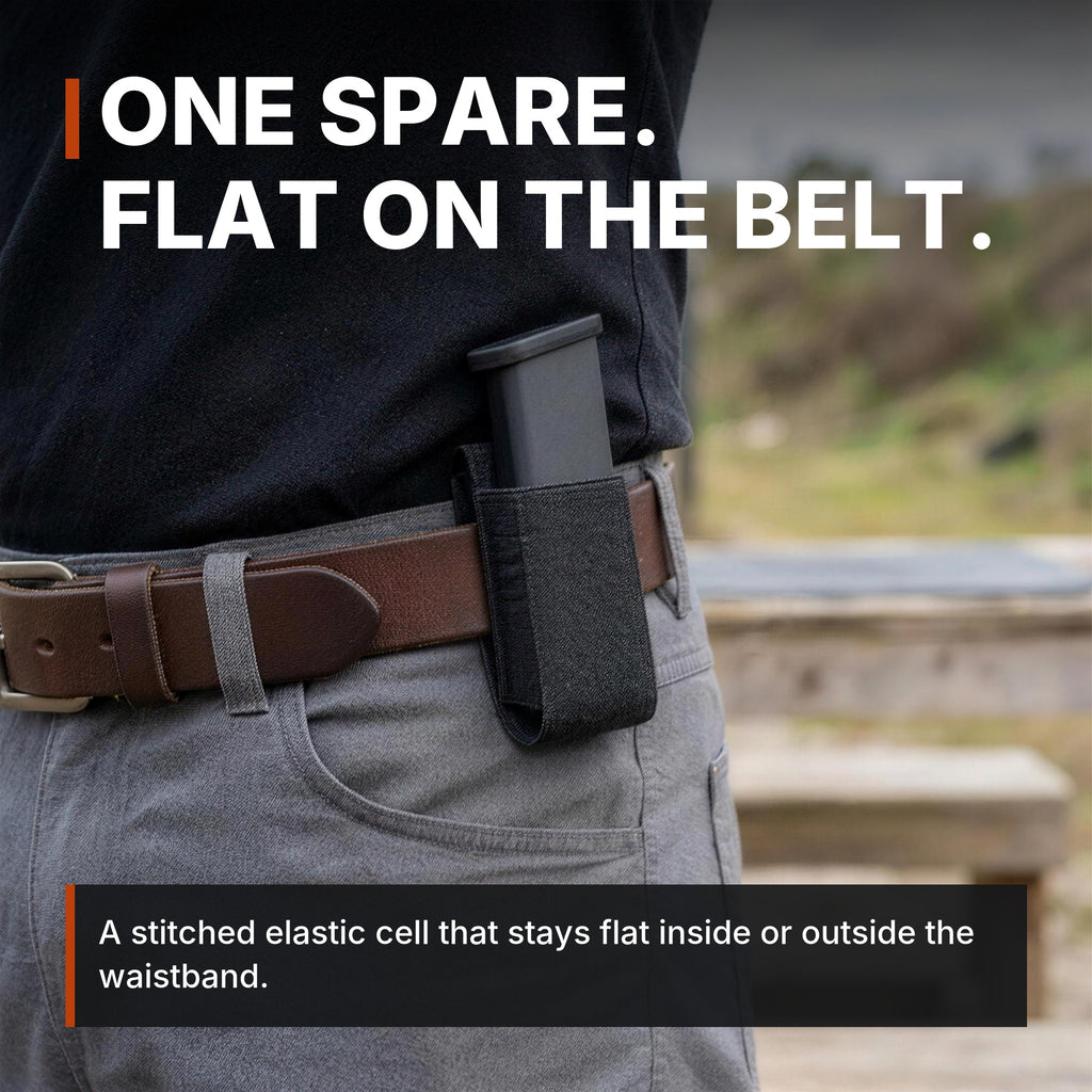 Low-Profile Single Magazine Pouch infographic: One spare, flat on the belt
