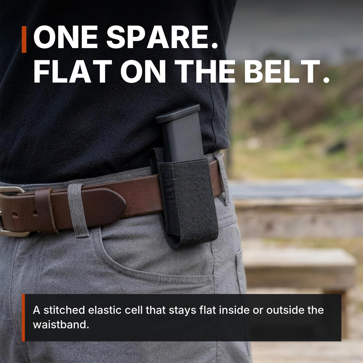 One spare, flat on the belt. ICONTACTIC Low-Profile Single Magazine Pouch infographic. Concept render, illustrative