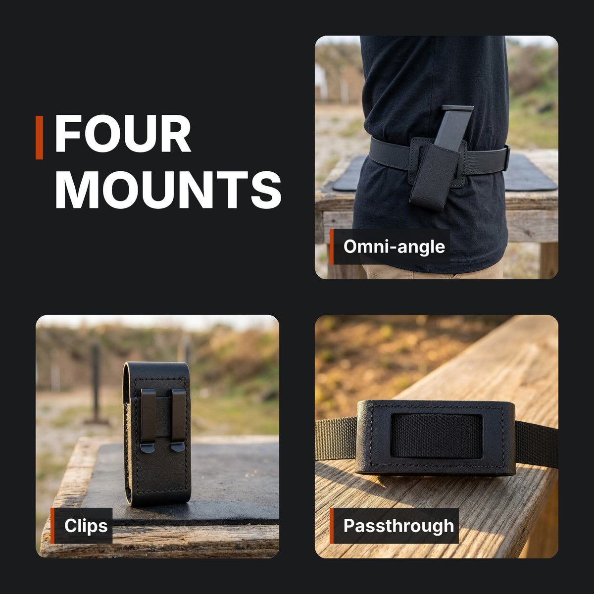 Four mounts: omni-angle, clips, passthrough. ICONTACTIC Low-Profile Single Magazine Pouch infographic. Concept renders, illustrative
