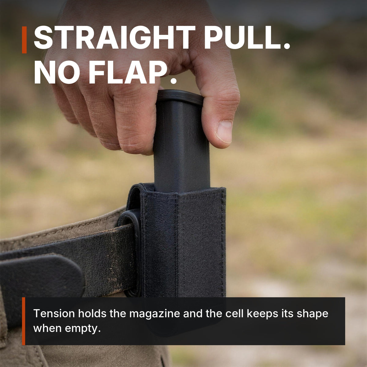 Straight pull, no flap. ICONTACTIC Low-Profile Single Magazine Pouch infographic. Concept render, illustrative