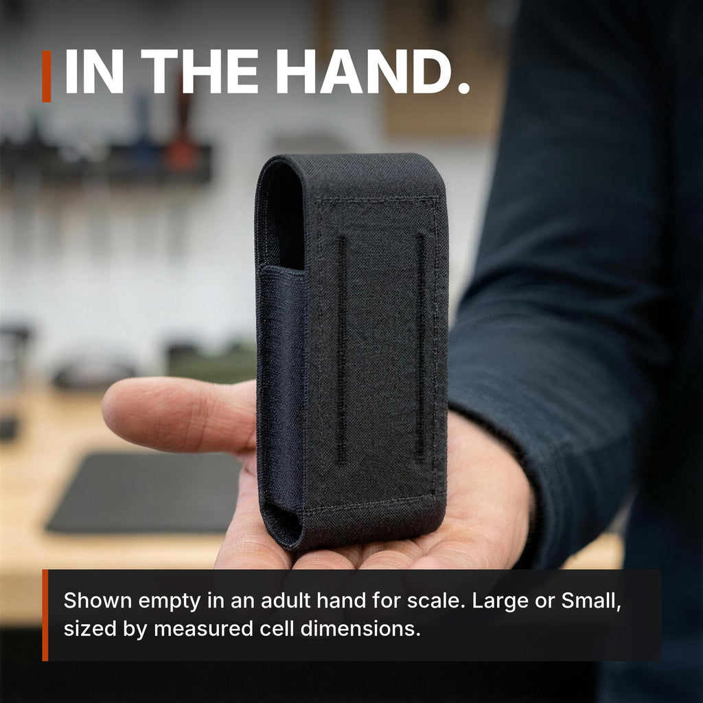 Low-Profile Single Magazine Pouch infographic: In the hand, shown empty for scale