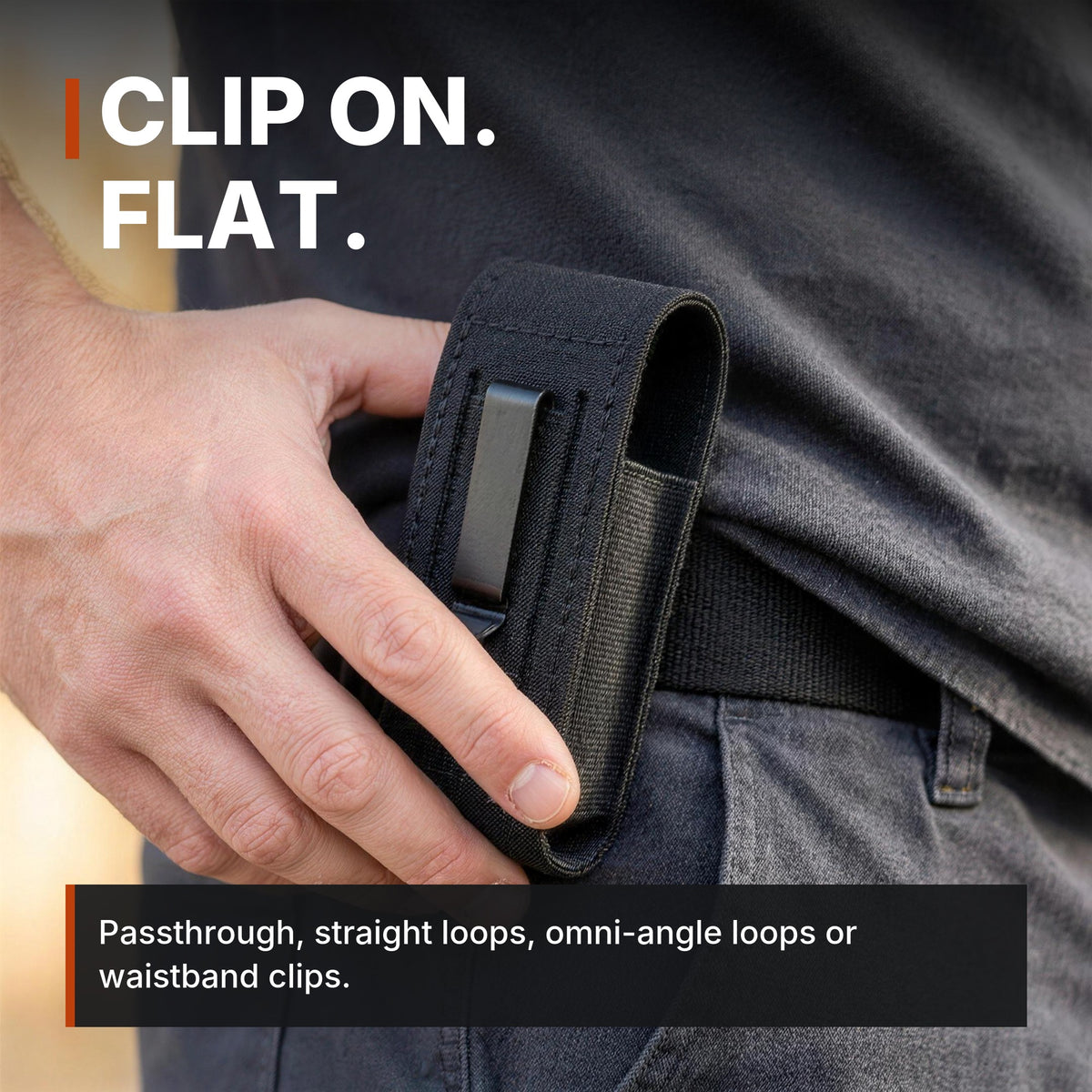 Low-Profile Single Magazine Pouch infographic: Clip on, flat