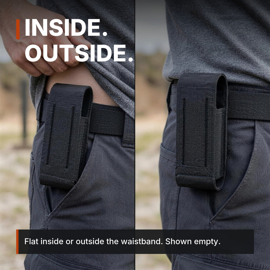 Low-Profile Single Magazine Pouch infographic: Inside or outside the waistband, shown empty