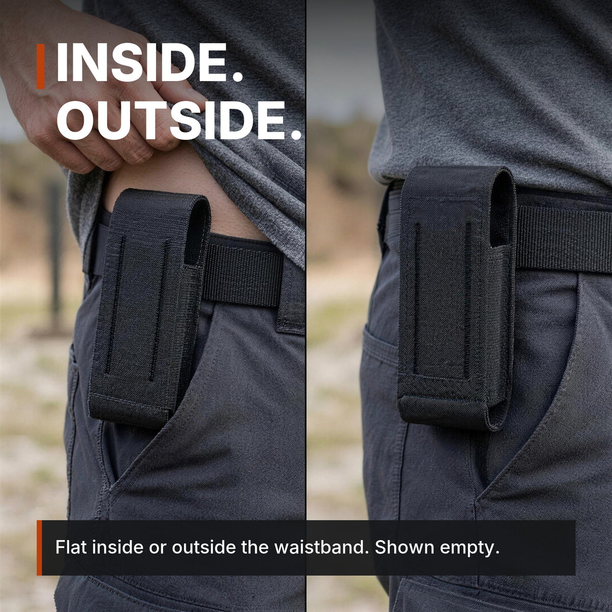 Low-Profile Single Magazine Pouch infographic: Inside or outside the waistband, shown empty