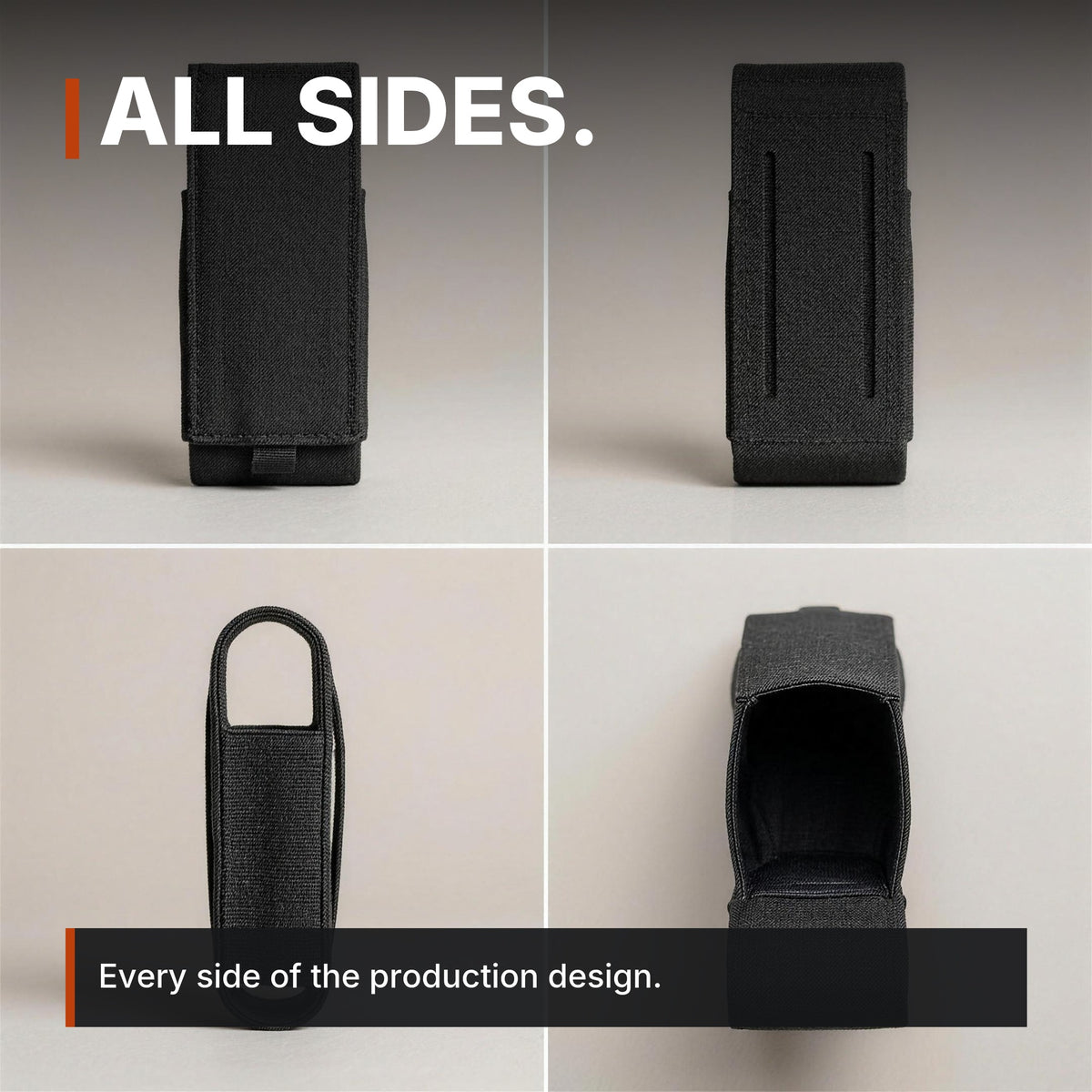Low-Profile Single Magazine Pouch infographic: All sides, four views, shown empty