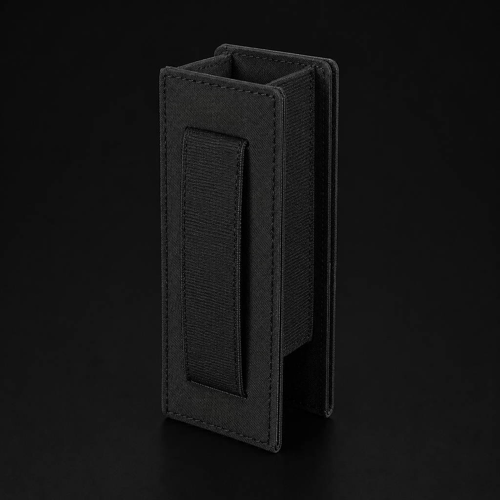 ICONTACTIC Low-Profile Rifle Magazine Pouch, concept render pending supplier verification, rear three-quarter view showing the belt passthrough on graphite