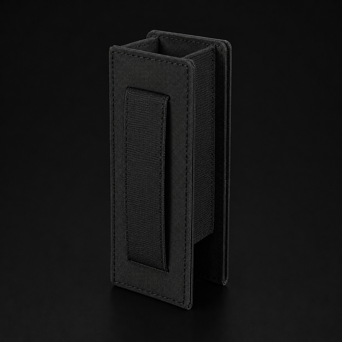 ICONTACTIC Low-Profile Rifle Magazine Pouch, concept render pending supplier verification, rear three-quarter view showing the belt passthrough on graphite