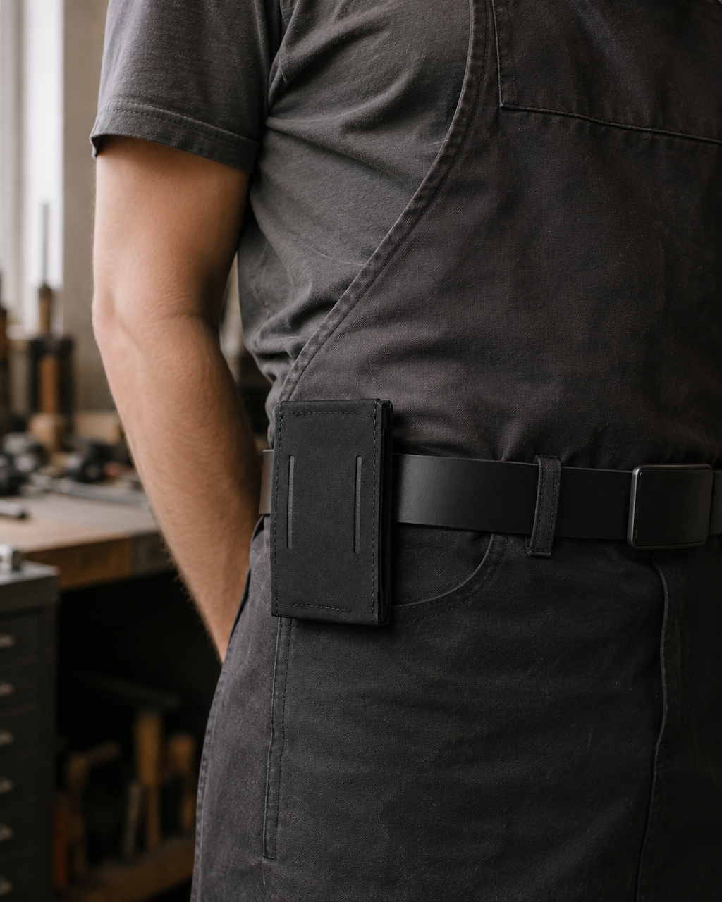 ICONTACTIC Low-Profile Rifle Magazine Pouch, concept render pending supplier verification, worn empty on a belt in a workshop, illustrative