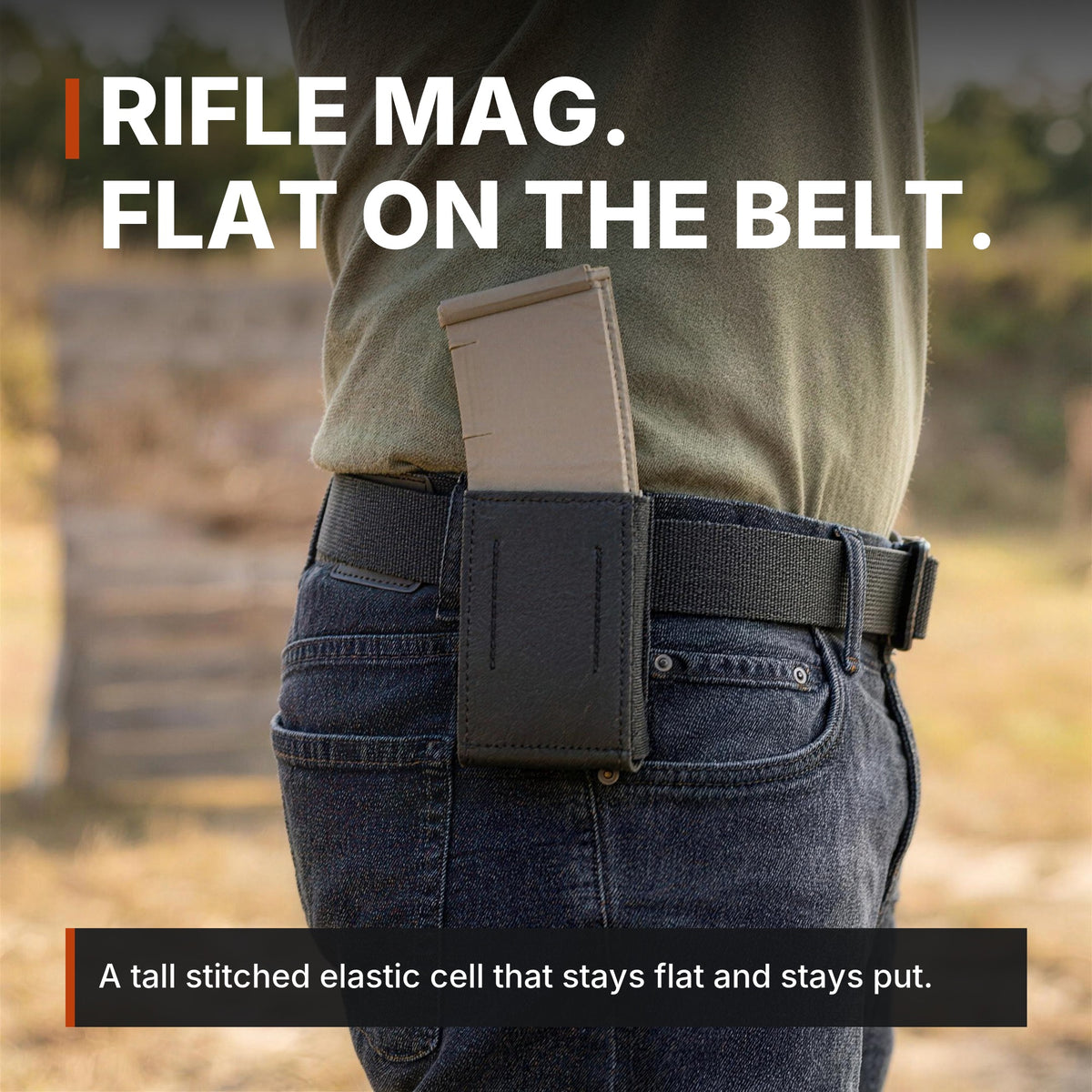 Rifle mag, flat on the belt. ICONTACTIC Low-Profile Rifle Magazine Pouch infographic. Concept render, illustrative