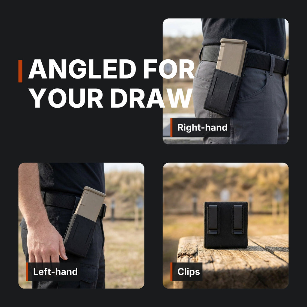 Low-Profile Rifle Magazine Pouch infographic: Angled for your draw: right-hand, left-hand, clips