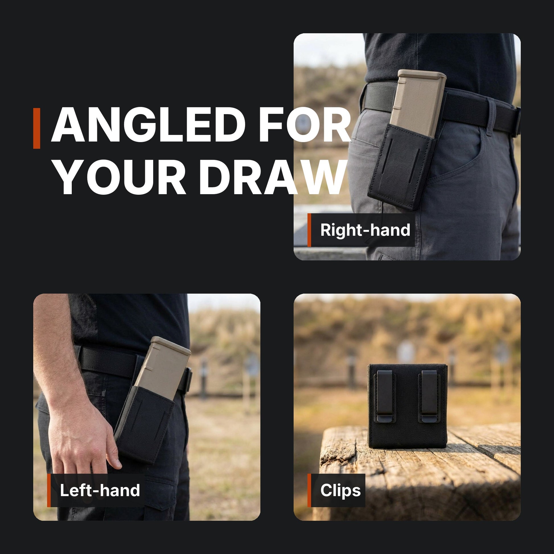Angled for your draw: right-hand, left-hand, clips. ICONTACTIC Low-Profile Rifle Magazine Pouch infographic. Concept renders, illustrative