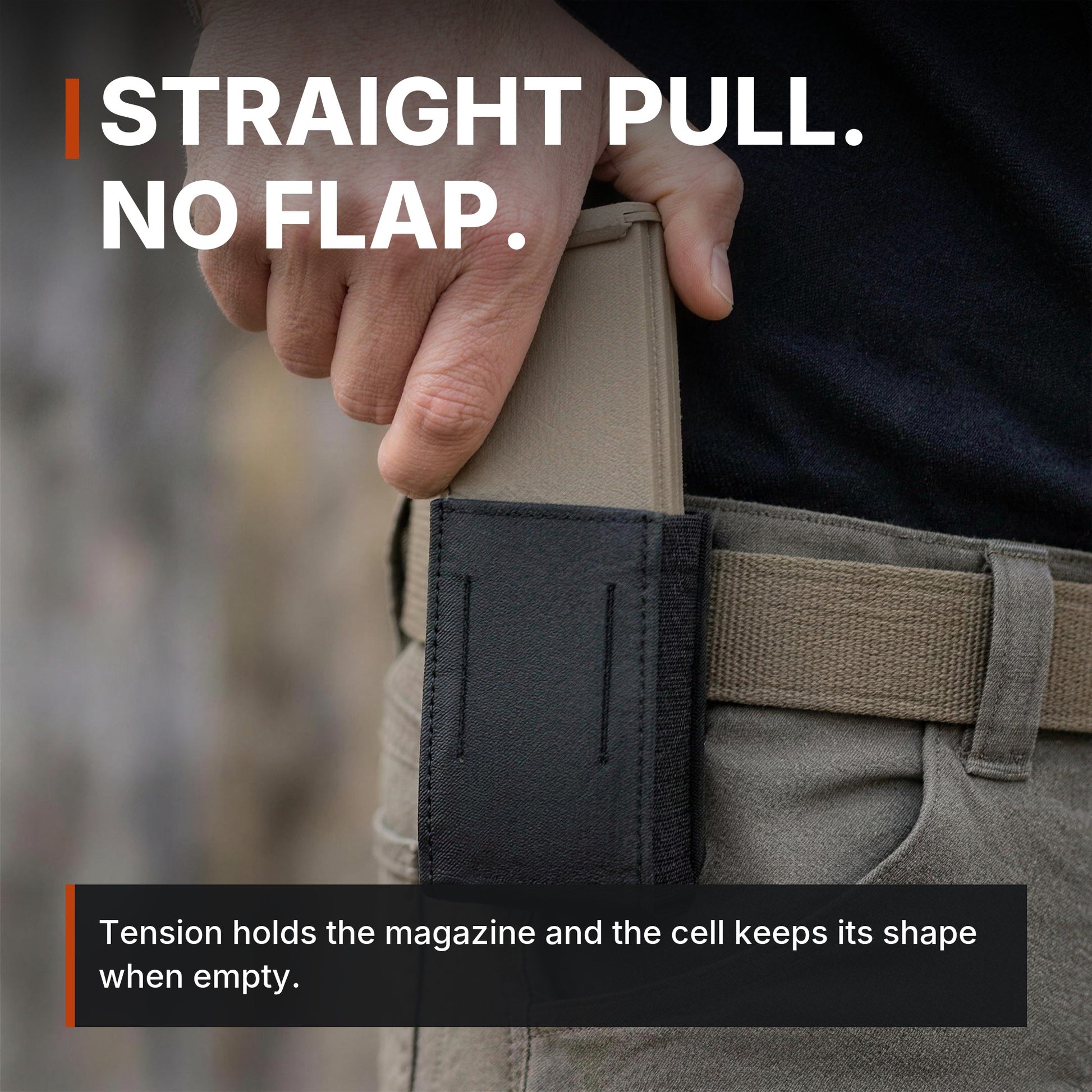 Straight pull, no flap. ICONTACTIC Low-Profile Rifle Magazine Pouch infographic. Concept render, illustrative