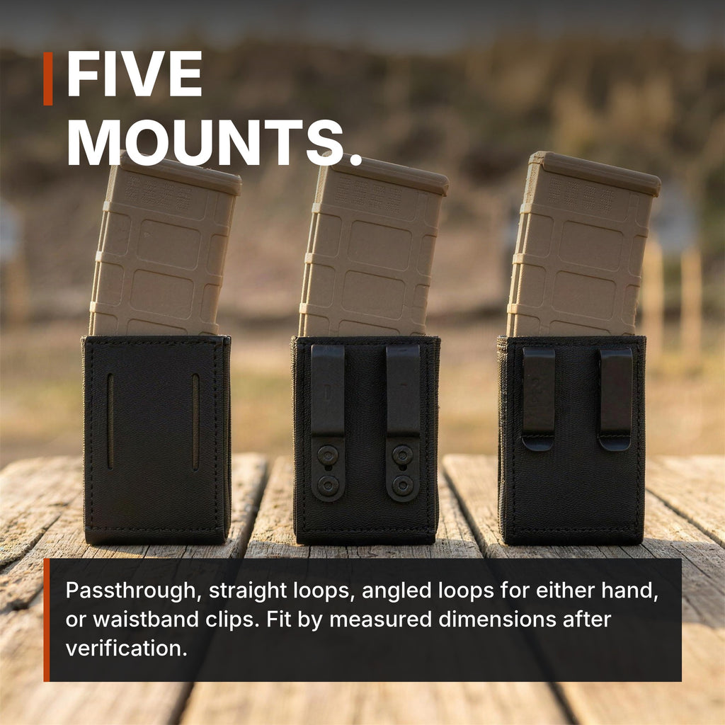 Low-Profile Rifle Magazine Pouch infographic: Five mounts