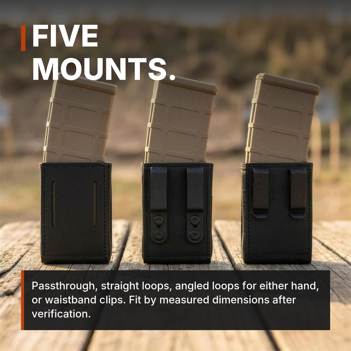 Five mounts. ICONTACTIC Low-Profile Rifle Magazine Pouch infographic. Concept render, illustrative