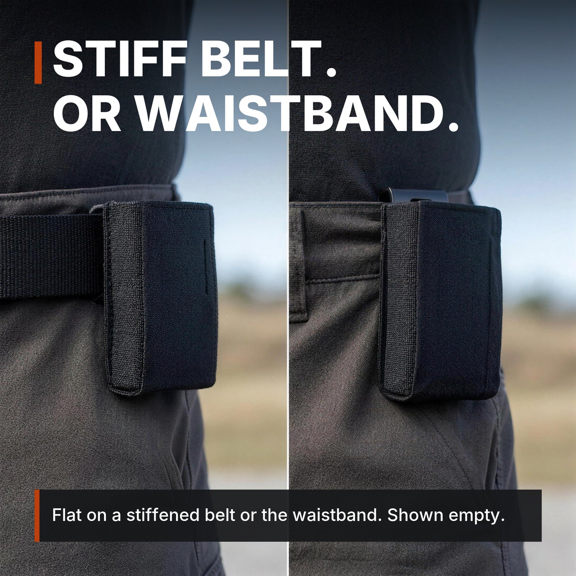 ICONTACTIC Low-Profile Rifle Magazine Pouch infographic: Stiff belt or waistband, shown empty