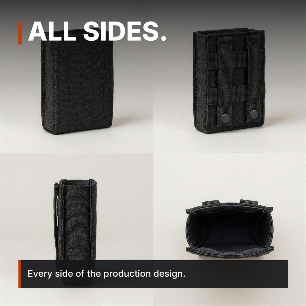 Low-Profile Rifle Magazine Pouch infographic: All sides, four views, shown empty