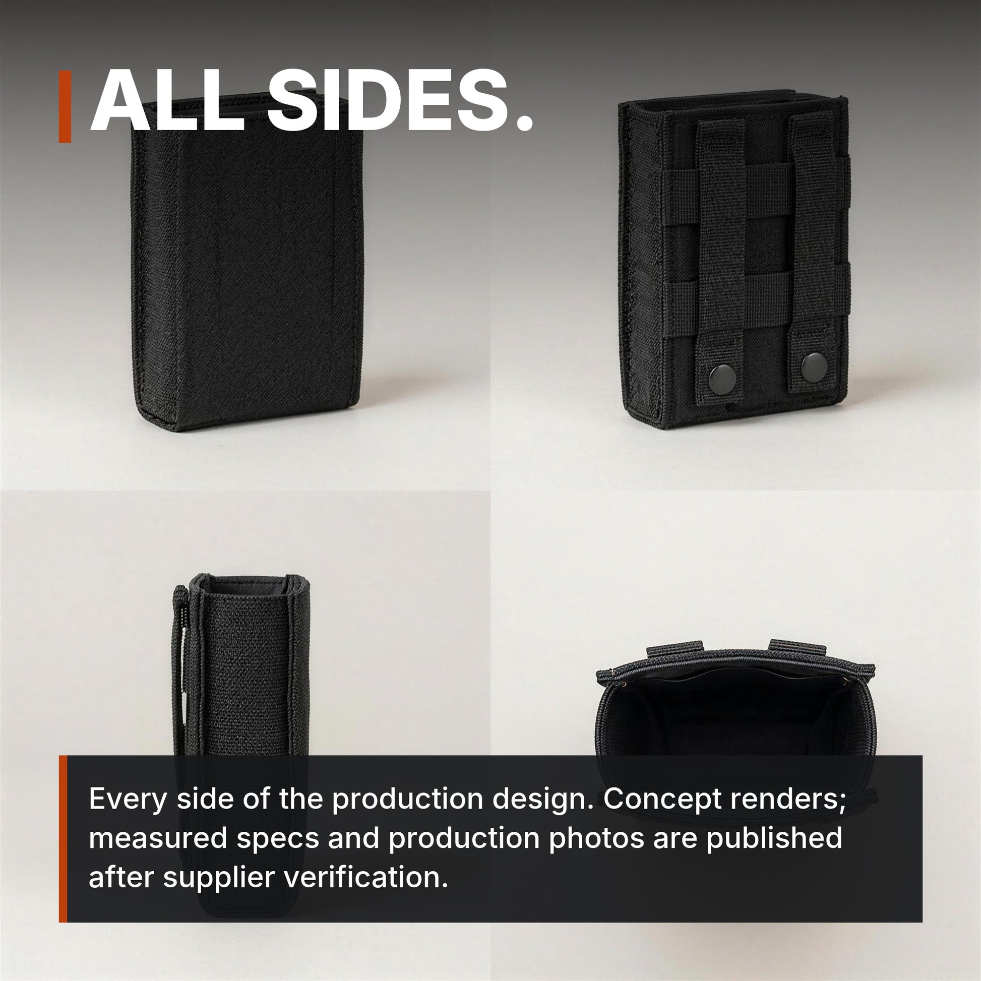 ICONTACTIC Low-Profile Rifle Magazine Pouch infographic: All sides, four views, shown empty