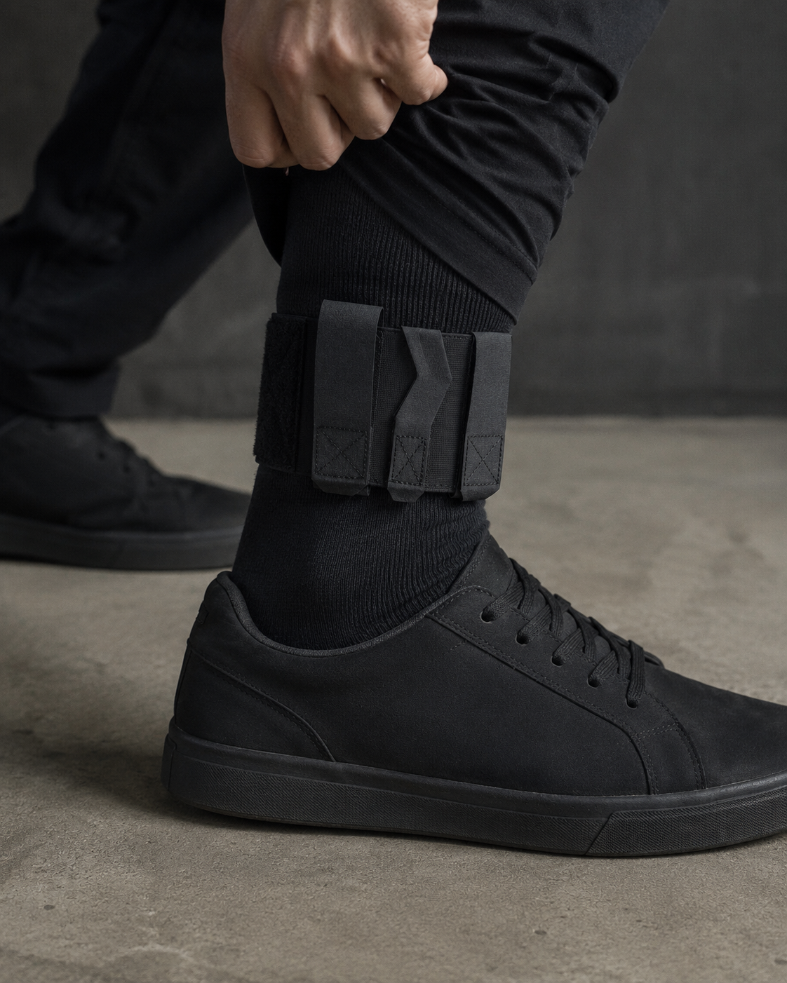 ICONTACTIC Ankle Utility Carrier, concept render pending supplier verification, worn empty on the ankle over a sock, illustrative