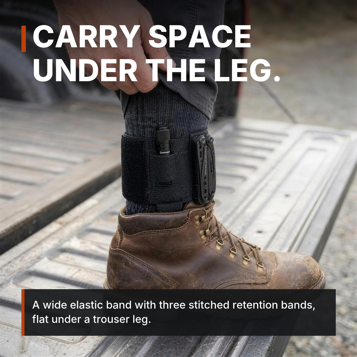 Carry space under the leg. ICONTACTIC Ankle Utility Carrier infographic. Concept render, illustrative