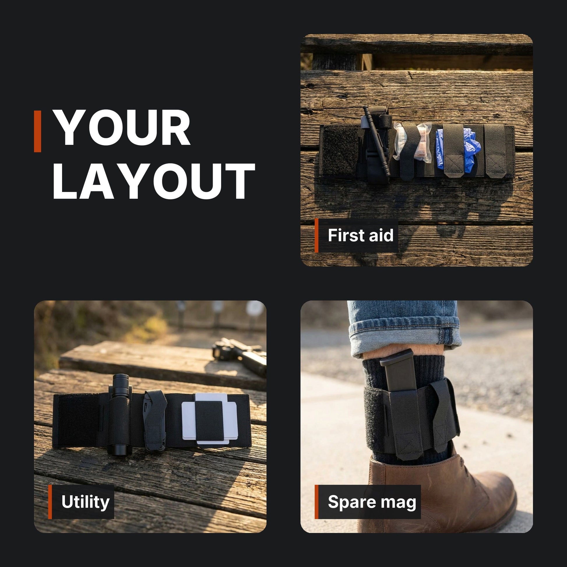 Your layout: first aid, utility, spare mag. ICONTACTIC Ankle Utility Carrier infographic. Contents not included. Concept renders, illustrative