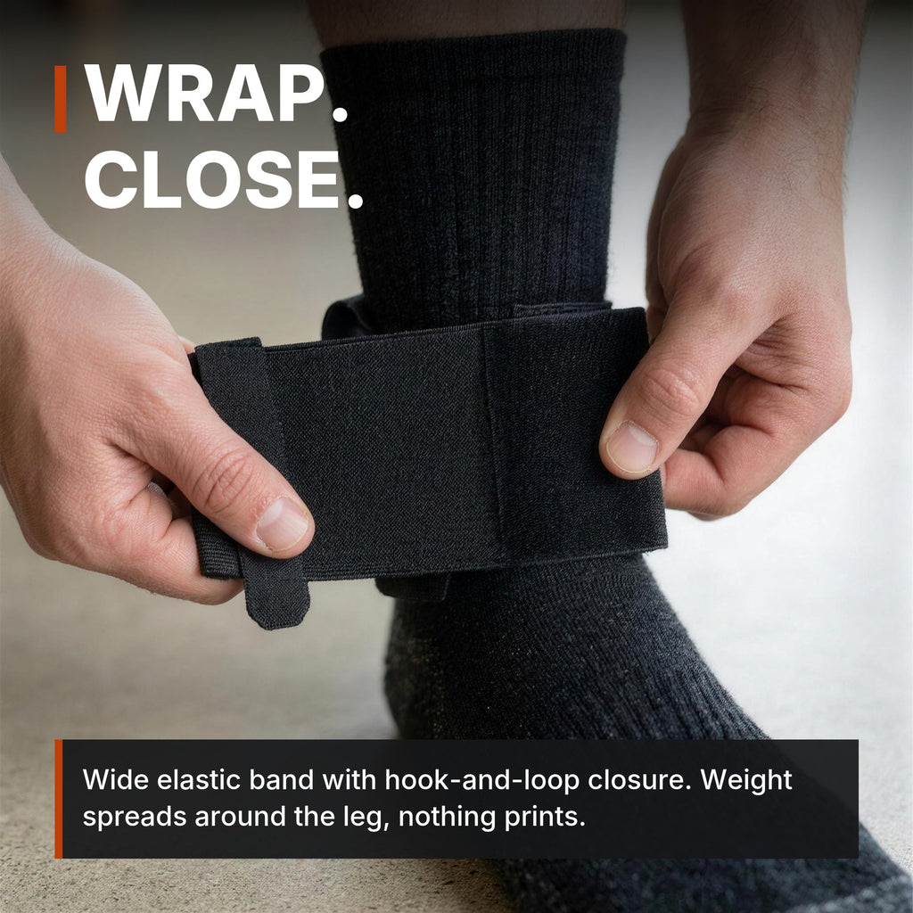 Ankle Utility Carrier infographic: Wrap, close