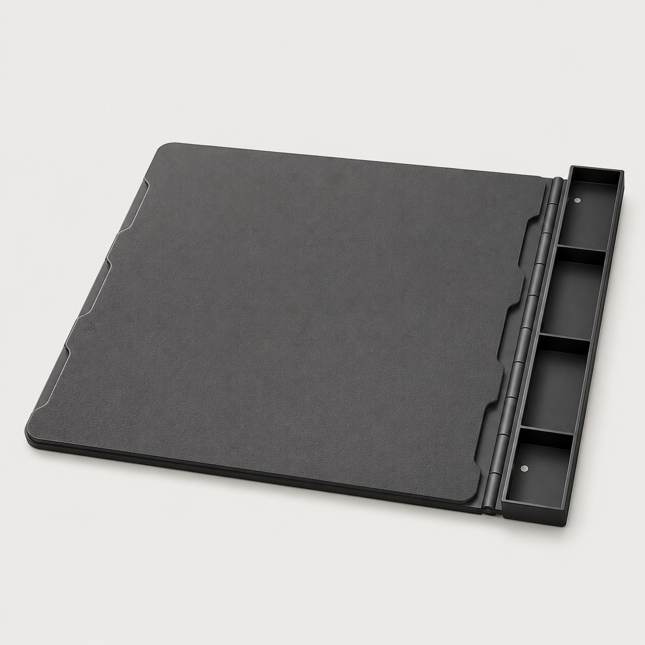 ICONTACTIC Maintenance Mat with Magnetic Parts Tray, concept render pending supplier verification, plain mat with hinged tray, three-quarter view on light grey