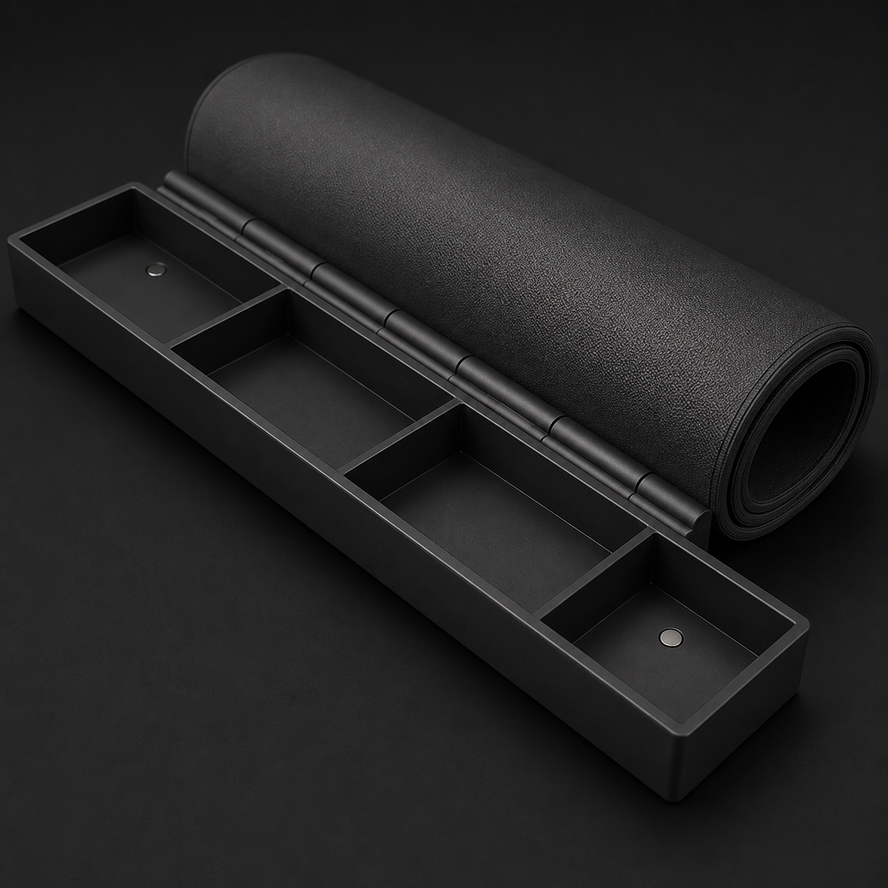 ICONTACTIC Maintenance Mat with Magnetic Parts Tray, concept render pending supplier verification, parts tray close-up with the mat rolled, on graphite