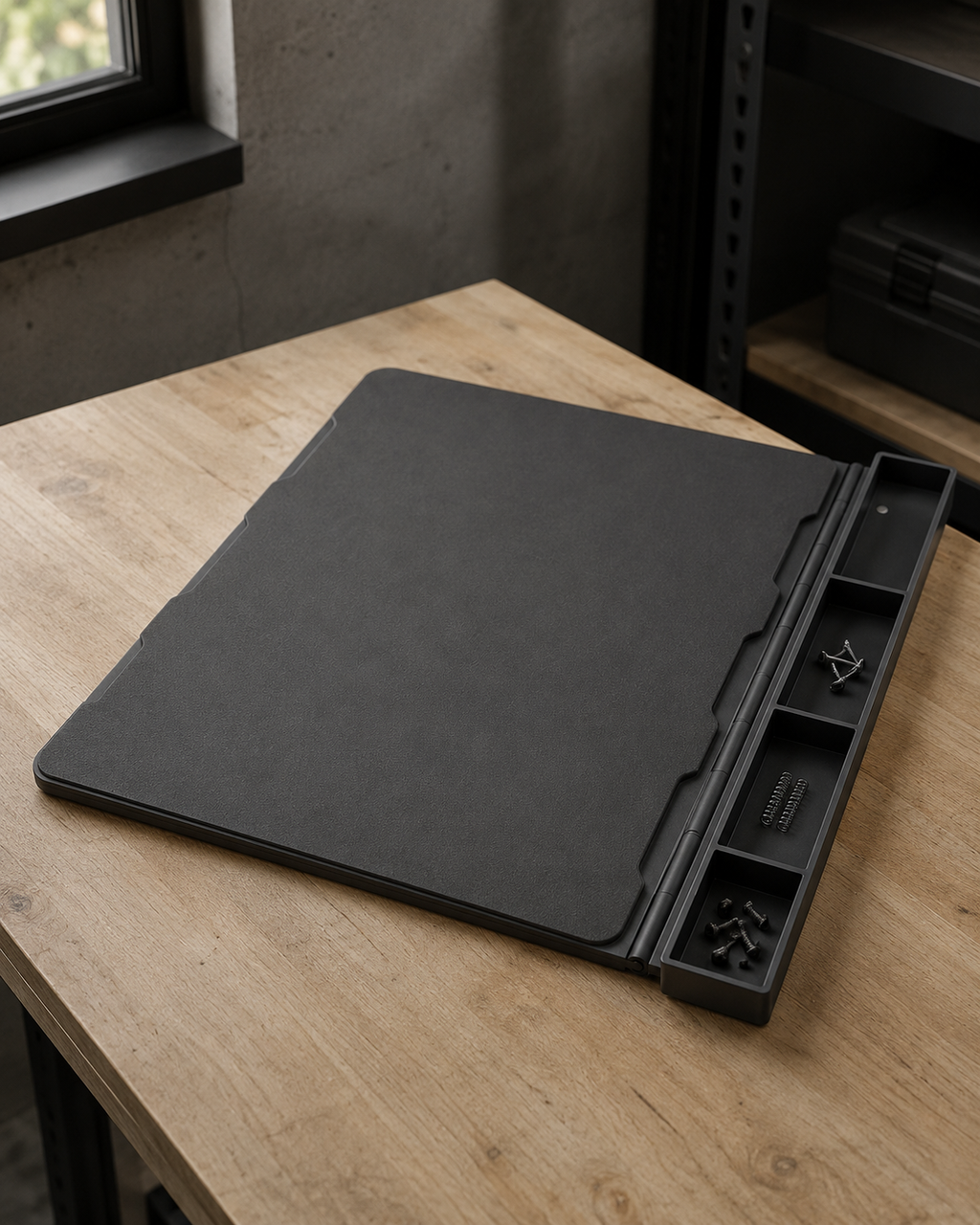 ICONTACTIC Maintenance Mat with Magnetic Parts Tray, concept render pending supplier verification, on a workbench with small parts in the tray, illustrative