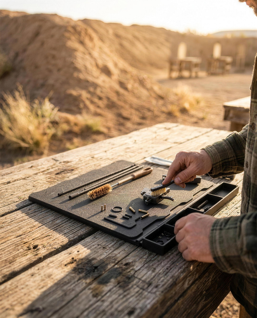 ICONTACTIC Maintenance Mat with Magnetic Parts Tray, concept render pending supplier verification, on a range bench with cleaning tools, no firearm, illustrative