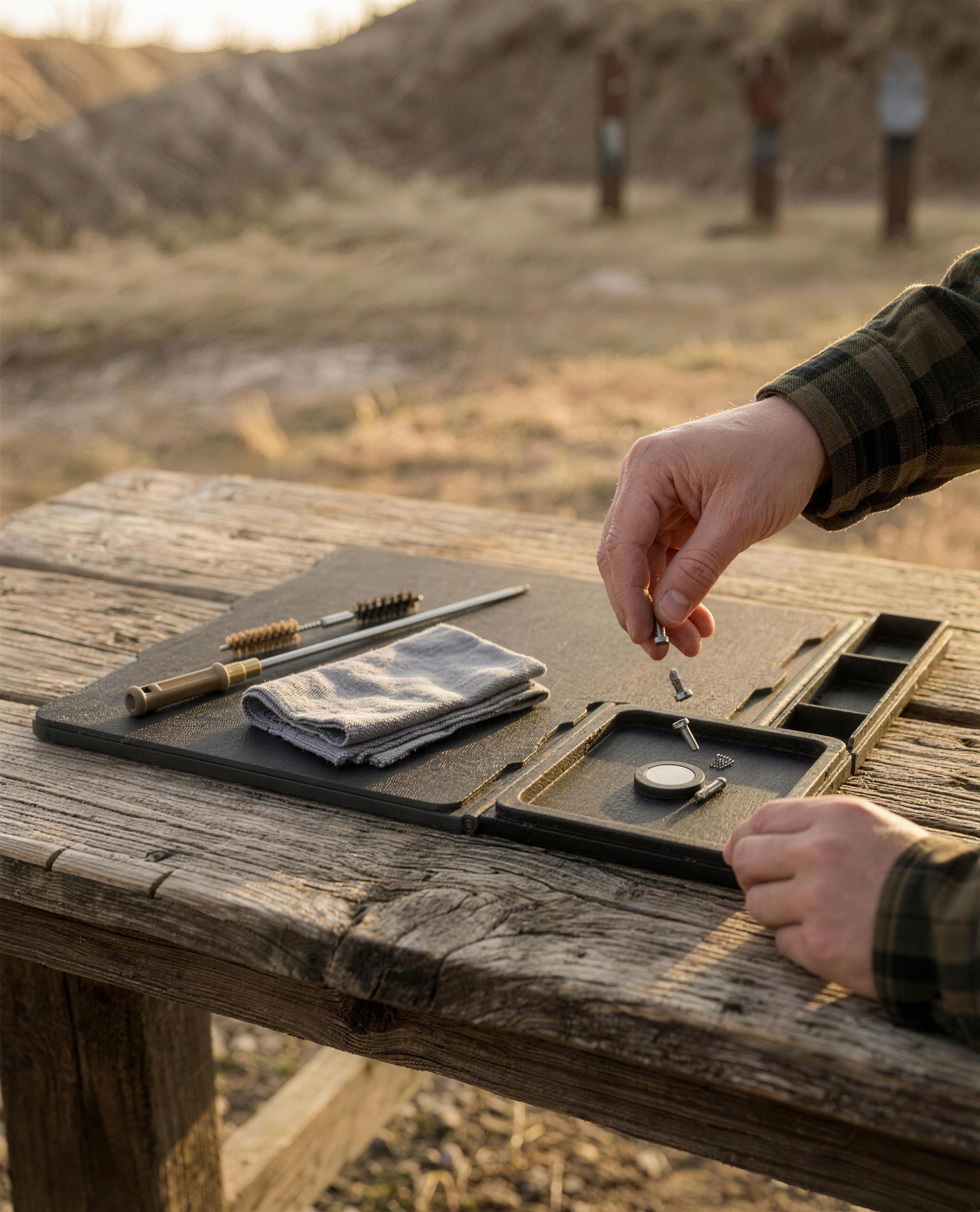 ICONTACTIC Maintenance Mat with Magnetic Parts Tray, concept render pending supplier verification, on a range bench with cleaning tools and small hardware, no firearm, illustrative