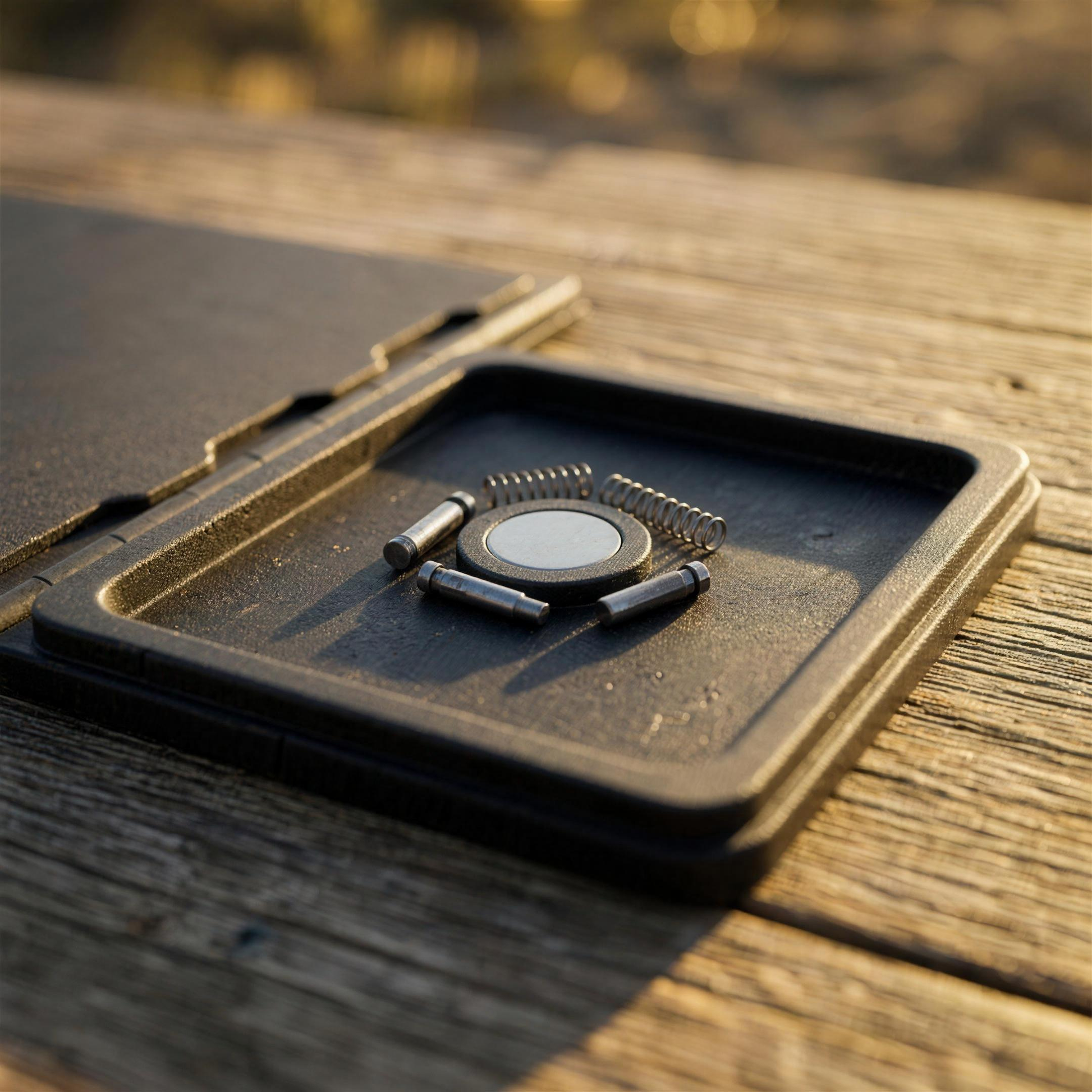 ICONTACTIC Maintenance Mat with Magnetic Parts Tray, concept render pending supplier verification, close-up of the magnetic tray with small parts