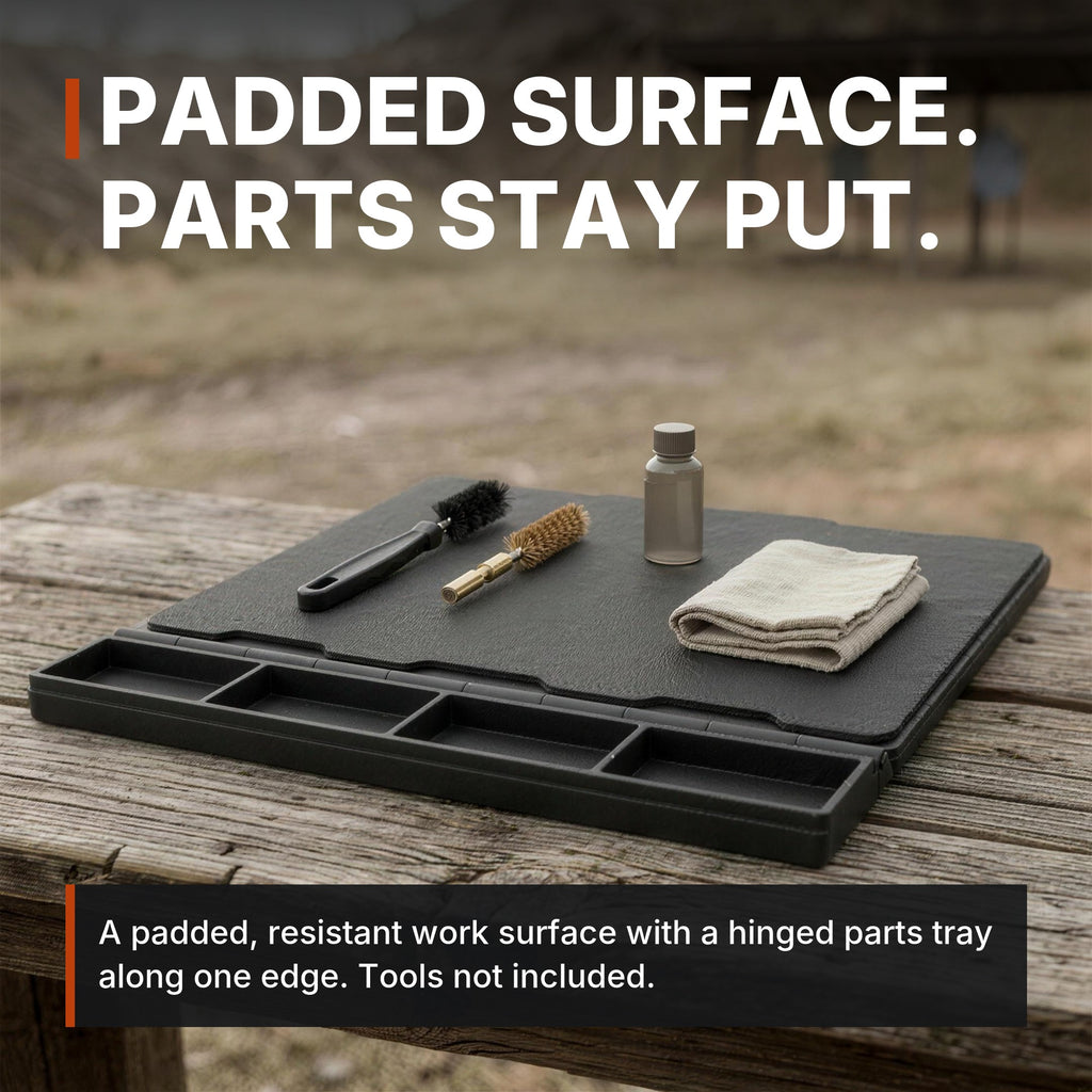 Maintenance Mat with Magnetic Parts Tray infographic: Padded surface, parts stay put. Tools not included